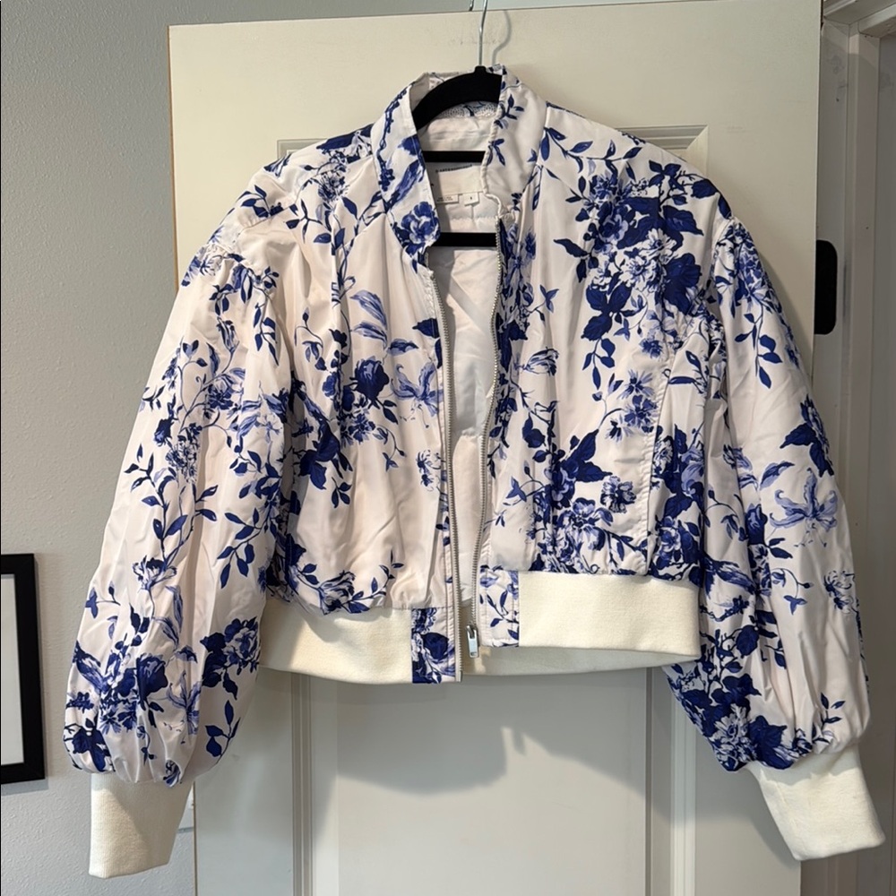 Anthropologie Porcelain Print Blue and White Bomber Jacket